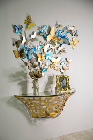 Consola de pared semicircular Mariposas Metal Dorado y Cristal
