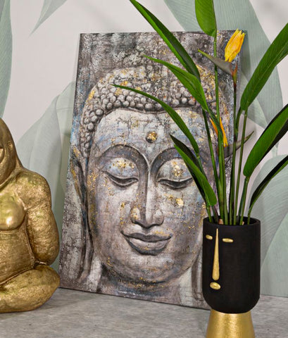 Peinture sur toile Bouddha avec cadre en bois applications dorées