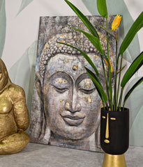 Peinture sur toile Bouddha avec cadre en bois applications dorées