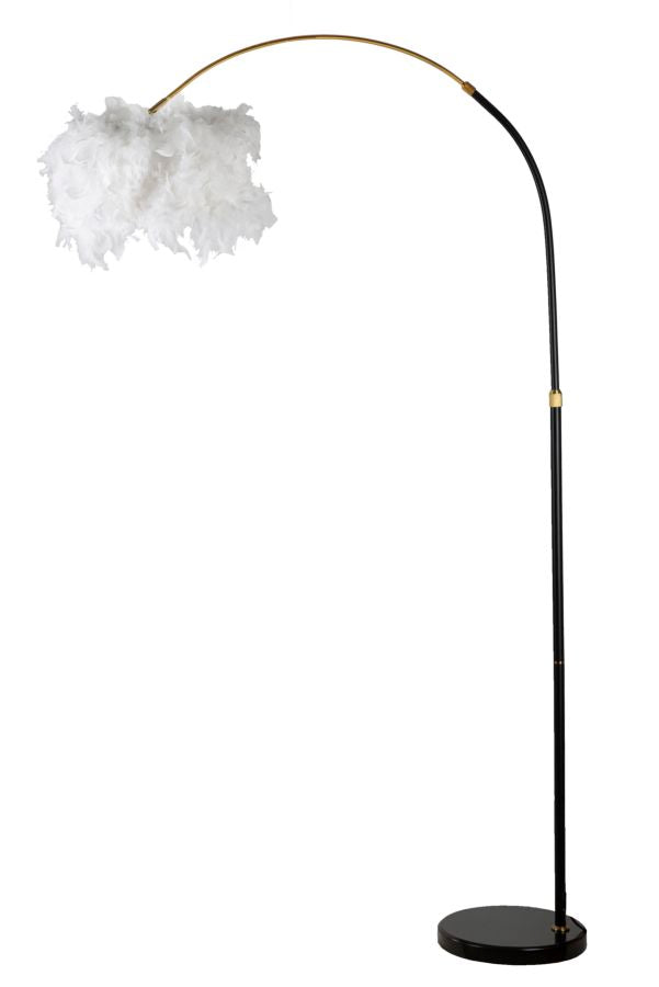 Lampadaire arqué métal noir abat-jour plumes synthétiques