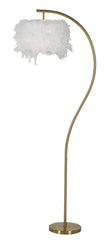 Lampe de sol design arqué en métal doré abat-jour plumes synthétiques blanc