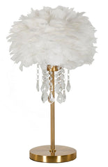 Lampe de table métal doré abat-jour plumes synthétiques ornements cristaux