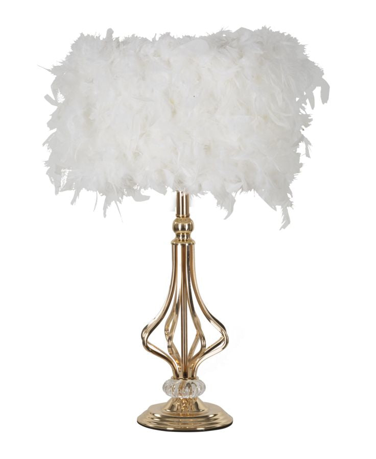 Lámpara de mesa Tarty de metal dorado y pantalla de plumas sintéticas blancas