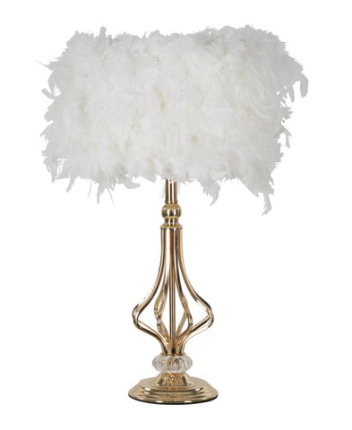 Lámpara de mesa Tarty de metal dorado y pantalla de plumas sintéticas blancas