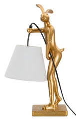 Lampe de table en résine dorée modèle Lapin abat-jour en tissu blanc