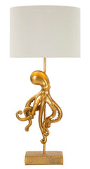 Lampe de table en résine dorée Poulpe abat-jour tissu blanc
