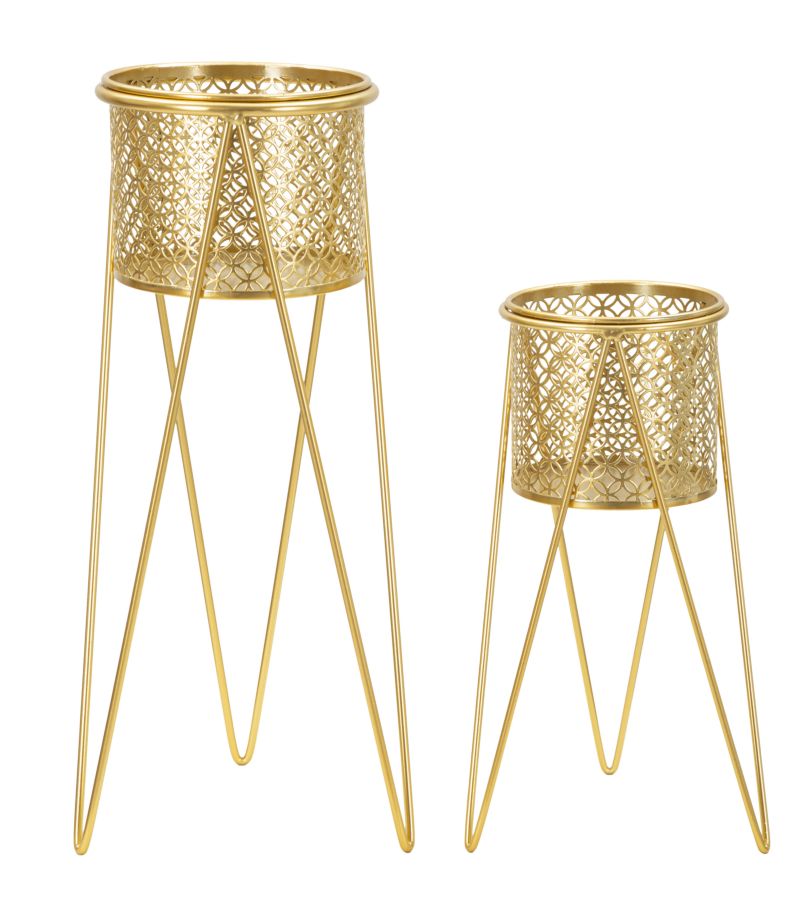 Support pour vase en métal doré décoré de sculptures rondes - Set de 2 pièces