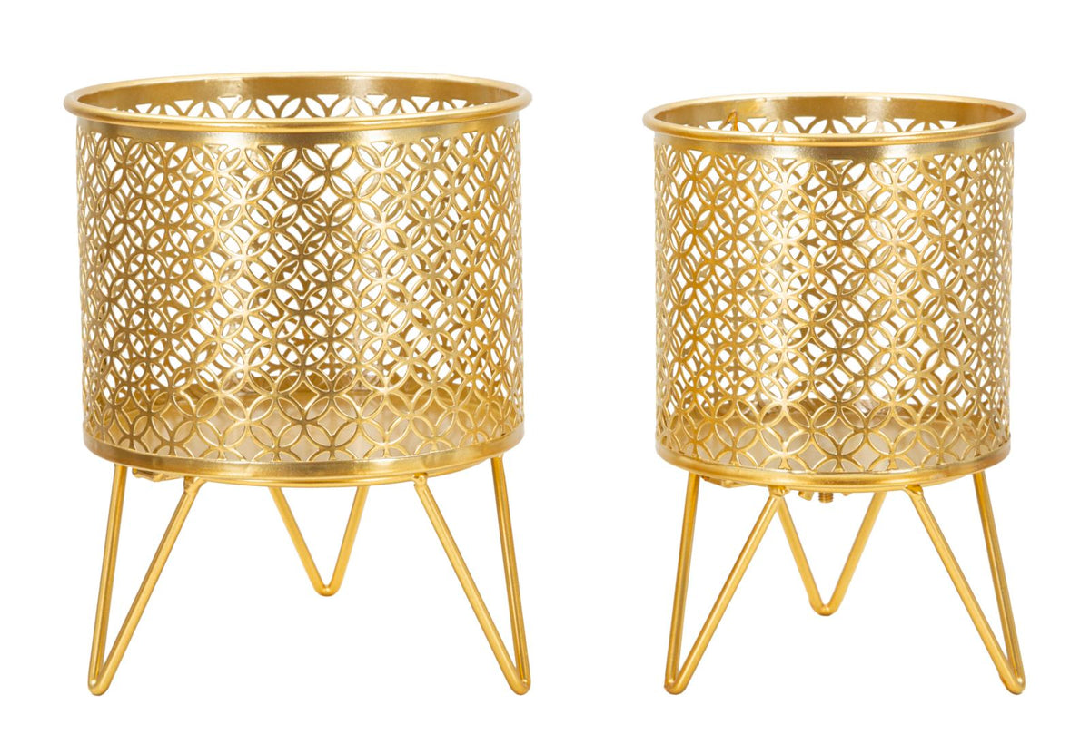 Porte-vases en métal doré avec sculptures rondes, ensemble de 2 pcs