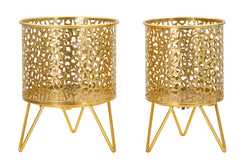 Ensemble de 2 vases porte-épingles métal doré décoré de sculptures irrégulières