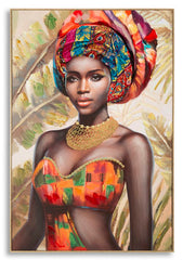 Peinture sur toile avec cadre en bois femme en costumes traditionnels cadre métal doré