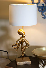 Lampe de table en résine dorée Poulpe abat-jour tissu blanc