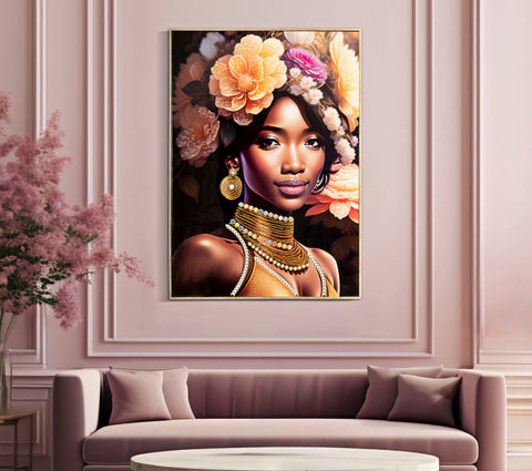 Peinture sur toile Zena cadre bois et métal doré