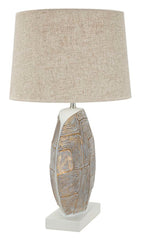 Lampe de table en résine décor géométrique abat-jour tissu beige