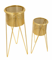 Porte-vases métal doré ensemble de 2 pièces décoré de sculptures rondes irrégulières