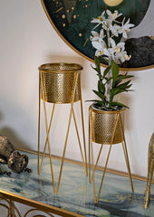 Porte-vases métal doré ensemble de 2 pièces décoré de sculptures rondes irrégulières