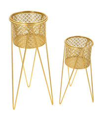 Support pour vase en métal doré décoré de sculptures rondes - Set de 2 pièces