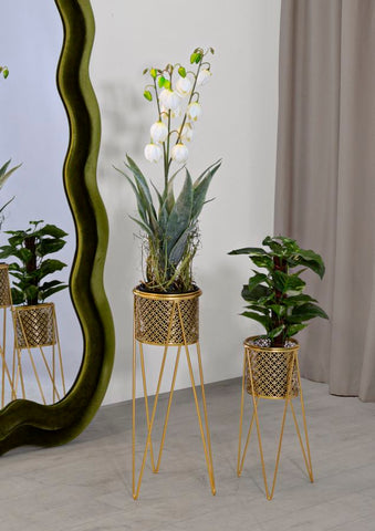 Support pour vase en métal doré décoré de sculptures rondes - Set de 2 pièces