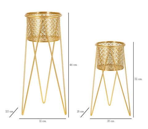 Support pour vase en métal doré décoré de sculptures rondes - Set de 2 pièces