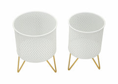 Ensemble de 2 Porte-vases rond en métal Blanc et support en métal Doré