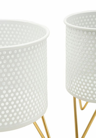 Ensemble de 2 Porte-vases rond en métal Blanc et support en métal Doré