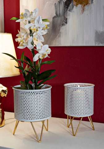 Ensemble de 2 Porte-vases rond en métal Blanc et support en métal Doré