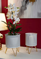 Ensemble de 2 Porte-vases rond en métal Blanc et support en métal Doré