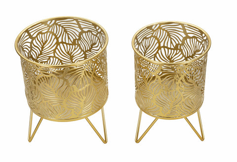 Porte-vase en métal doré avec décorations feuilles set de 2