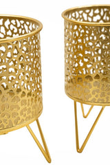Ensemble de 2 vases porte-épingles métal doré décoré de sculptures irrégulières