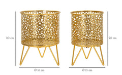 Ensemble de 2 vases porte-épingles métal doré décoré de sculptures irrégulières