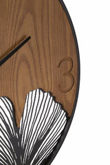 Horloge murale ronde métal et bois sculptures feuilles
