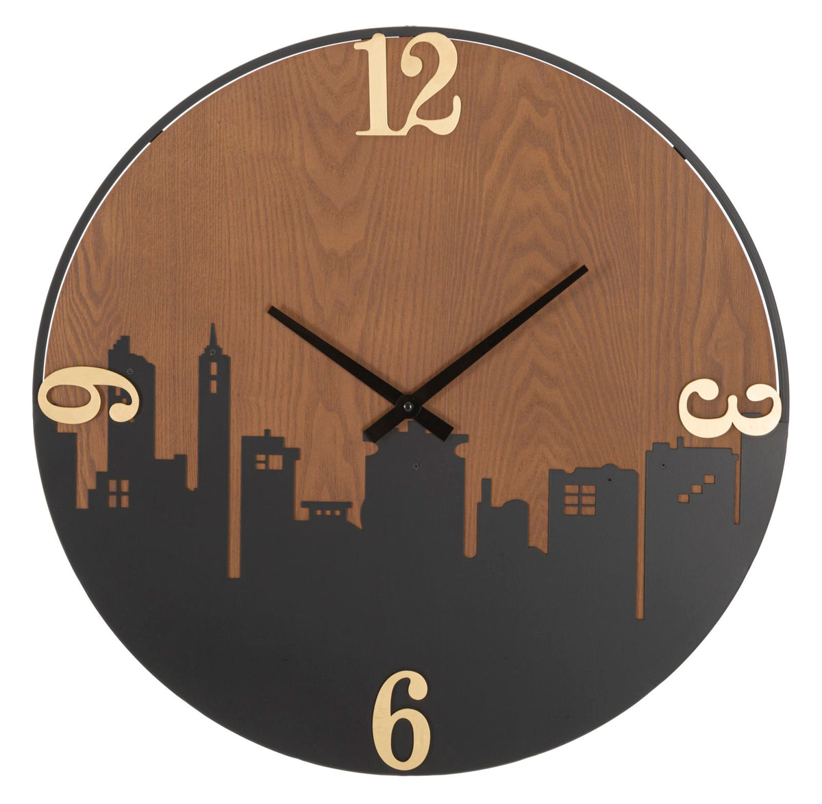 Horloge murale ronde métal et bois décorée ligne d'horizon