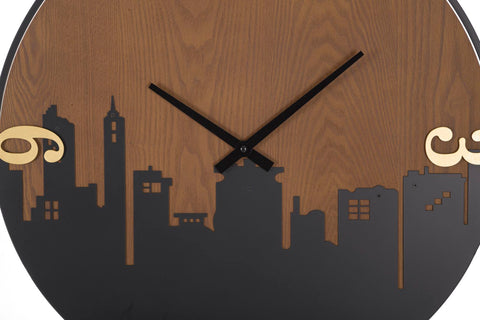 Horloge murale ronde métal et bois décorée ligne d'horizon