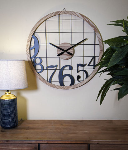 Reloj de pared redondo de metal y madera