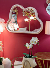 Miroir mural nuage bois recouvert de tissu rose