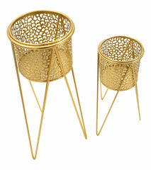 Support de vase en métal doré ensemble de 2 pcs décorés de sculptures irrégulières