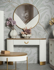 Console arrondie Tolosa Bois Blanc et inserts Bois Brun avec tiroir