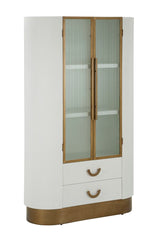 Vitrine design arrondi en bois blanc et inserts en bois brun avec 2 portes et 2 tiroirs