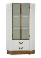 Vitrine design arrondi en bois blanc et inserts en bois brun avec 2 portes et 2 tiroirs