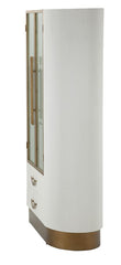 Vitrine design arrondi en bois blanc et inserts en bois brun avec 2 portes et 2 tiroirs
