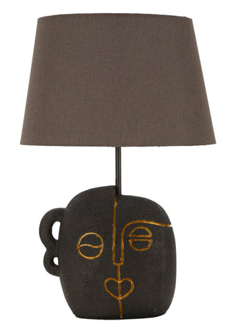Lampe de table Tribal Résine noire abat-jour en Tissu gris
