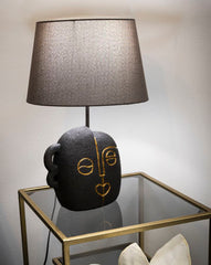 Lampe de table Tribal Résine noire abat-jour en Tissu gris