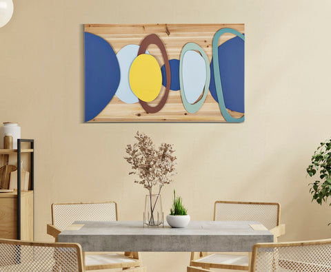 Panel de pared decorativo geométrico multicolor de metal y madera