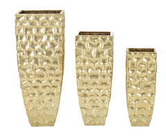 Porte-vase carré ensemble de 3 pièces métal doré avec décorations en relief