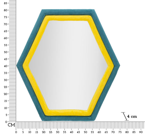 Miroir mural hexagonal cadre en bois Tissu Velours Bleu et Jaune