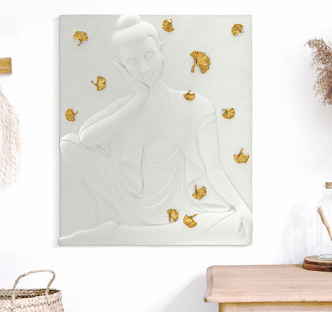 Panel de pared Buda de resina 3D con hojas doradas