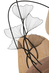 Panneau mural décoratif 3D en métal et bois avec formes abstraites et feuilles élégantes