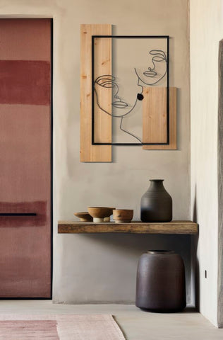 Panel de pared decorativo 3D de metal y madera con caras modernas