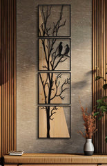 Panneau mural décoratif 3D en métal et bois arbre avec oiseaux ensemble 4 pièces