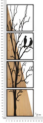 Panneau mural décoratif 3D en métal et bois arbre avec oiseaux ensemble 4 pièces