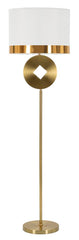 Lampe de sol géométrique métal doré abat-jour tissu blanc bord doré
